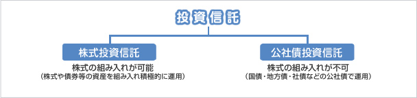 投資信託 株式投資信託 株式の組み入れが可能（株式や債券等の資産を組み入れ積極的に運用 公社債投資信託 株式の組み入れが不可(国債・地方債・社債などの公社債で運用)）